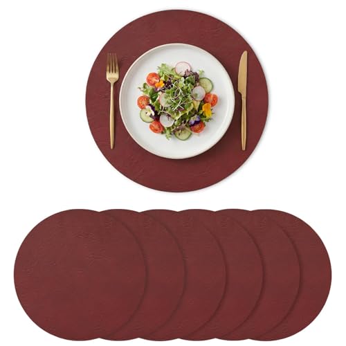 Artoid Mode Lot de 6 Sets de Table en Cuir Rouge Rond 38 cm, Set de Table Lavable Antidérapant Double Face Résistants à la Chaleur Décoration de Cuisine
