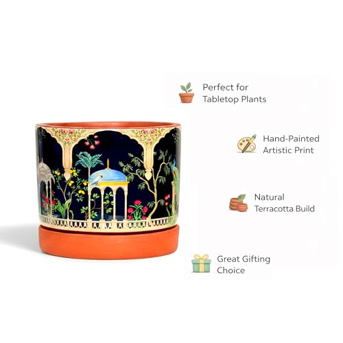 Image of Urban Plant Royal Riyasat 3D Terracotta Pot with Saucer (5 Inch) | Hand-Painted Mughal Art Design Planter | Decorative Indoor Plant Pot with Drainage Hole