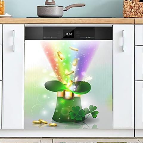 St Patricks Day Magnetic Dishwasher Cover Green Hat Rainbow Magnet Door Decal Panels for Kitchen Appliances Refrigerator Decorative 23x26inch Cover
