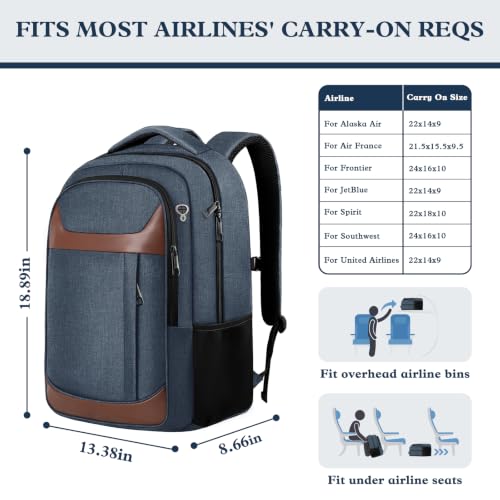 Image of Travel Laptop Backpack 17 Inch, Professional Travel Backpack for Men Women with LifetimeWarranty, Airline Approved Big Large Business Work College Computer Backpack, Blue Brown