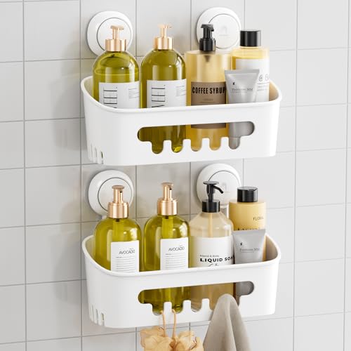 TAILI Shower Caddy Suction Cup 2 Pack, Heavy Duty Bathroom Organizer, Removable Shelves for Inside Shower, Shampoo, Waterproof Suction Plastic Storage for Bathroom Accessories Holder, White