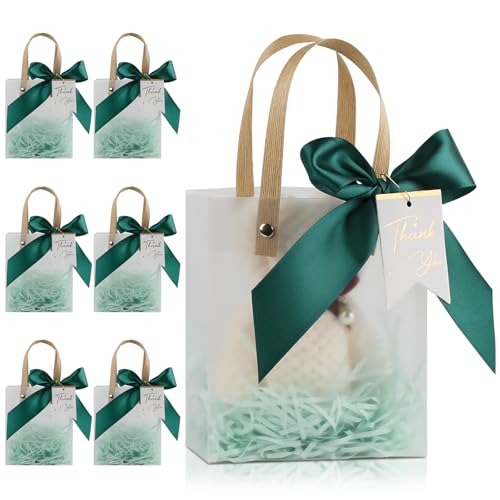 12 Pack Small Clear Plastic Gift Bags with Handles,5.12x2.76x5.91 Inch Party Favor Bags with Ribbons Raffia Paper Tags,Reusable Plastic Gift Wrap Bags for Wedding Birthday Baby Shower(Hunter Green)