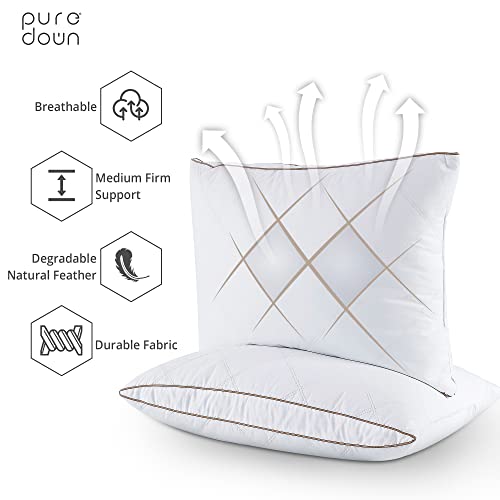 puredown® Natural Goose Down Feather Pillows for Sleeping Oval Gusseted Feather Down Pillow 100% Cotton Pillow Cover with Leaf Quilting King Set of 2