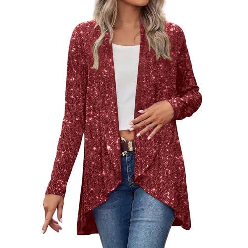 Sequin Tops for Women Cardigans 0 Sparkly Jackets Womens Sequined Glitter Outfits Sparkle Long Sleeve Dressy Evening Wear Blazers Queen of Party Night Sparkles Disco Bling Wine M