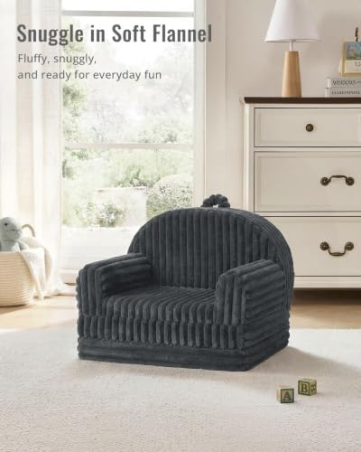 Image of Blissful Diary Foldable Kids Couch, 2-in-1 Comfy Kids Chair for Reading, Playroom, Kids Couch Sofa for Girls Boys Birthday Gift, Dark Gray
