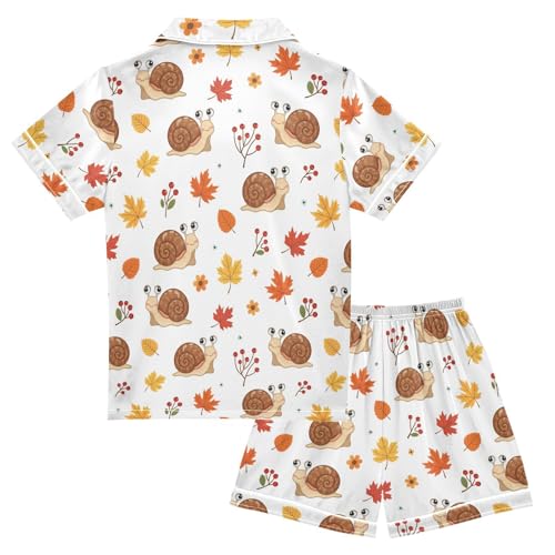 Satin Pajama Sets Short Sleeve Cute Snails with Autumn Leaves Button Down Silky Nightwear 2 Piece PJS 5-14Y2