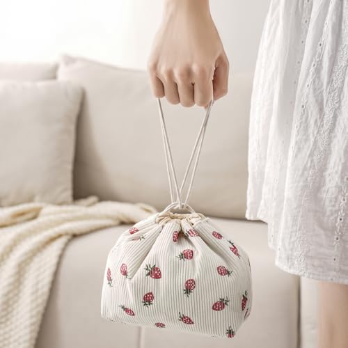 Cute Soft Corduroy Drawstring Makeup Bag with Canvas Lining, Coquette Aesthetic Drawstring Cosmetic with Strawberry Pattern for Women Girls, Kawaii Travel Makeup Organizer Case(06 Strawberry)4