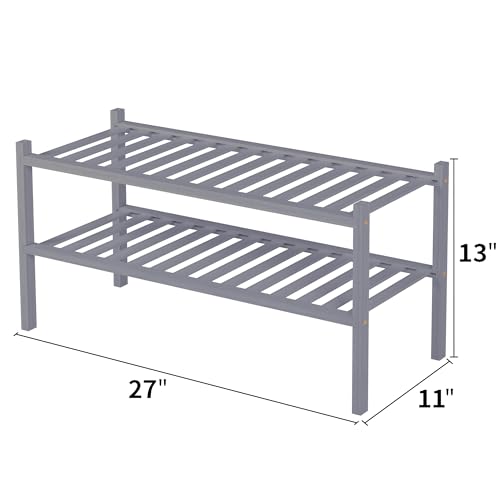 2 Tier Bamboo Shoe Rack for Closet Free Standing Wood Shoe Shelf for Entryway Small Space Stackable 27"x11"x13" (Grey)