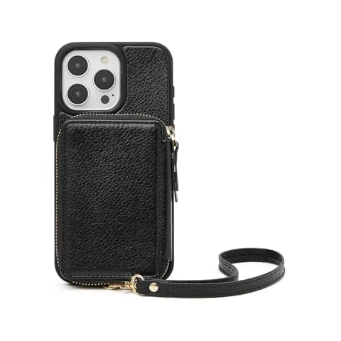 ZVE Wallet Case for iPhone 12 and 12 Pro, RFID Blocking Card Holder Phone Case with Wrist Strap, Leather Handbag Case for Women Protective Cover for iPhone 12 Pro/12 6.1" - Black 01 Cover