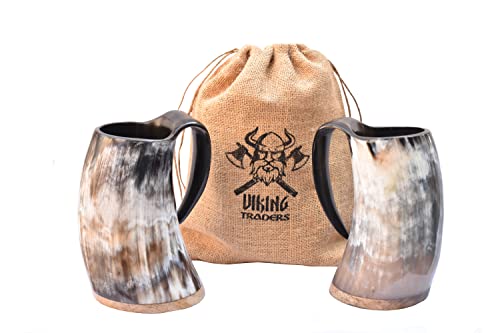 Viking Traders Original Viking Drinking Horn Mug With Burlap Sack - 20 Oz Wood Base Extra Large Medieval Inspired Handcrafted Cup Polished Natural & Real Horn Tankard For Mead Ale And Beer Party #TOP1