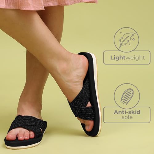 Image of YOHO Starry Slippers for Women | Criss-Cross Elastic Strap | Lightweight & Waterproof | Extra Soft Cushioned Orthopaedic Footpharma Footbed | Stylish Casual Flats for Everyday