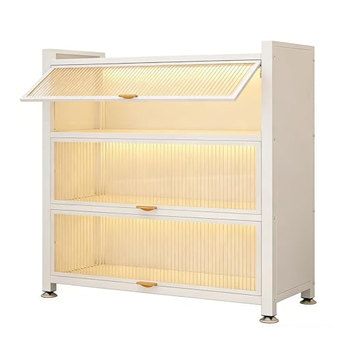 Estantería de metal de 4 niveles con puerta acrílica abatible, moderna vitrina transparente para coleccionables, estante de almacenamiento independiente para cocina, sala de estar y oficina