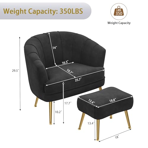 Image of Andeworld Velvet Accent Chair with Ottoman, Barrel Armchair, Black