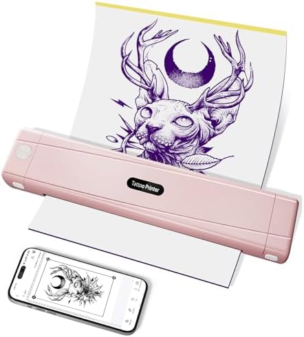 TATTMUSE A887 Tattoo Stencil Drucker, Bluetooth Schablone Drucker | Tattoo Drucker für Künstler und Anfänger, Kompatibel mit Smartphone & PC, Nadeldrucker mit 10 Stück Papier, Rosa