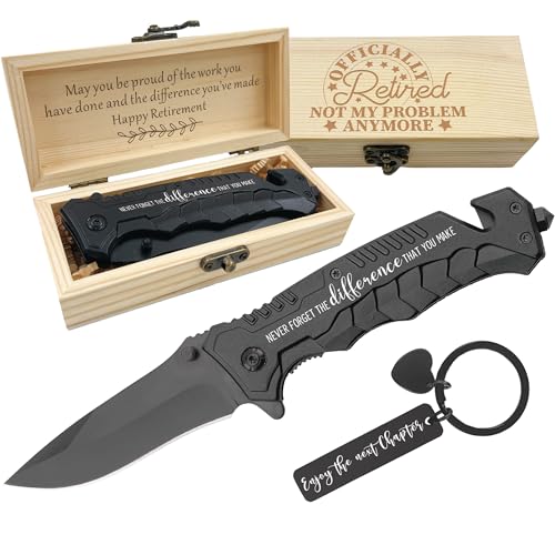 Retirement Gifts for Men, Happy Retirement Gifts for Boss Coworkers Friend, Going Away Gift for Retired Leaving Presents for Men， Everyday Carry Engraved Knife with Wood Box, Hunting Knife for Him