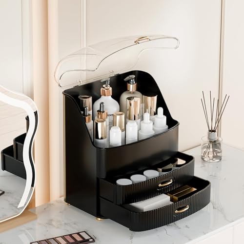 Image of Makeup Organizer Countertop Vanity with Transparent Lid Drawers Waterproof Dustproof Cosmetic Skincare Bathroom Storage Gift for Women Teens Girls (Black)