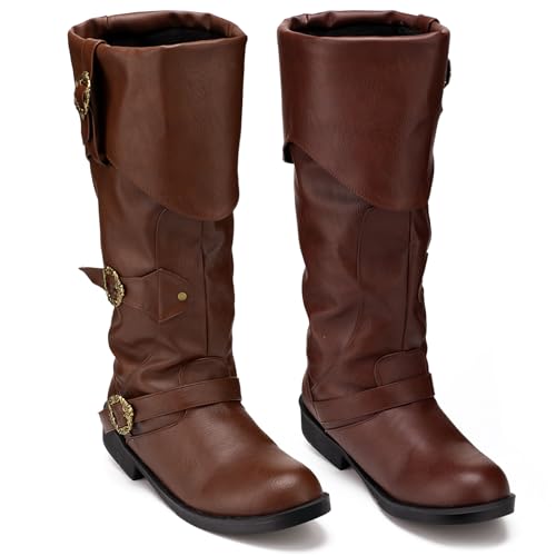 Image of Cuffbow Halloween Pirate Costume Boots for Men Medieval Renaissance Steampunk Cosplay Boots Gothic Adult Button Leather Shoes
