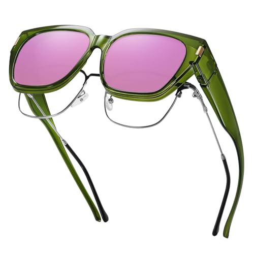 HAOLOTA Polarized Fit Over Glasses Sunglasses for Women Men Trendy Square Wrap Around Shades UV Protection L Size 20 Clear Green/Pink