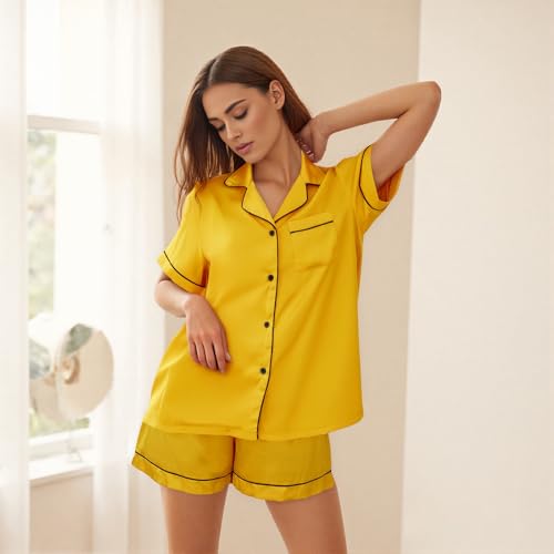 MXVPY Women and Men Silk Pajamas Set Matching Family Satin Pajama Sets Couples Short Sleeve Button Down Sleepwear2