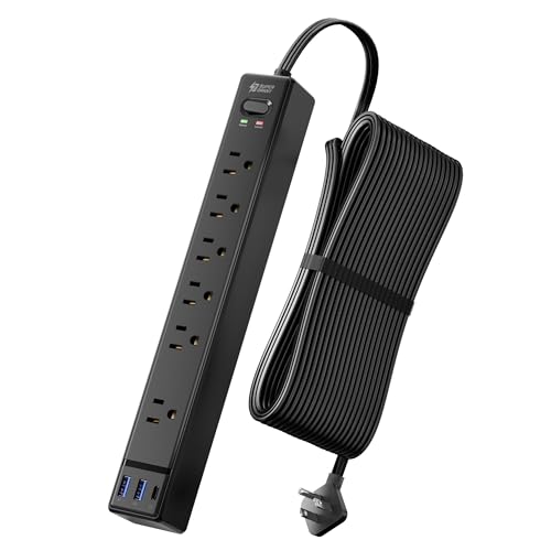 Black Long Extension Cord 20Ft SUPERDANNY Flat Plug Surge Protector Power Strip with 6 Outlets & 3 USB Ports Power Bar for Home Office Dorm Room