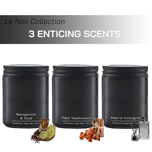 Set of 3 Premium Scented Soy Candles Gift Set | Le Noir Collection - Men’s Cologne, Red Teakwood, Bergamot & Oud | Crackling Wood Wick | Luxury Candles for Relaxation, Home Décor & Gifts | 9.8oz Each - Image 3