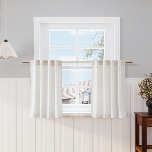 Image of Nanspring 30 Inch Long Cream Curtains for Kitchen Linen Blend Semi Sheer Back Tab and Rod Pocket Light Filtering for Bathroom Small Window Curtain 25 x 30 Inch,2 Panels