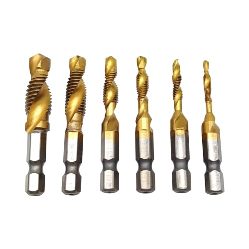 Flylin 6 piezas de machos de roscar combinados, 1/4 pulgadas HSS tornillo vástago hexagonal avellanador herramientas juego de brocas M3-M10, accesorios de corte para metal, madera, plástico, aluminio