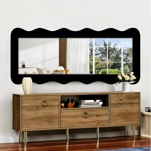 Image of Creative Arts n Frames 22 x 52 inch Full Length Dressing Chevel Long MDF Wood Zigzag Curvy Irregular Shape Framed HD Mirror Home Decor Items (Classic Black Zigzag1 Full Length Mirror)