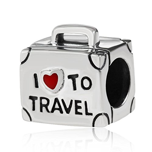 Charm a forma di valigetta in argento Sterling 925, con la scritta in lingua inglese 'I love to travel', per braccialetti Pandora (lingua italiana non garantita)