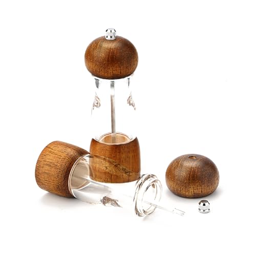 Salt and Pepper Grinder 2 Piece Set, 6 Inch Wooden Pepper Mill, Adjustable Coarseness Pepper Mill, Wooden Sea Salt Seasoning Shaker with Acrylic Window, Ceramic Grinding Core