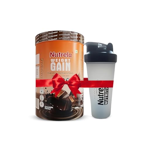 Image of Nutrela Weight Gainer Powder - 500 gram, Chocolate Flavour with Free Shaker Bottle | 20g Protein, 66.8 Carbs, 13 Vitamins & 12 Minerals with Khandsari Sugar | Ideal for Athlete, Men, Women & Kids above 10 Year