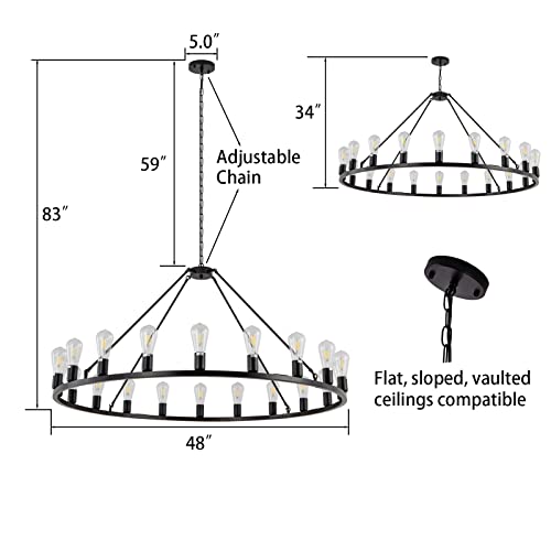 Lanhall 48” 20-Light Extra Large Wagon Wheel Chandelier, Round Black Rustic Farmhouse Chandelier Light Fixture For High Ceiling Living Room Dining Room Stairs Foyer- Adjustable Height Metal E26 #TOP3
