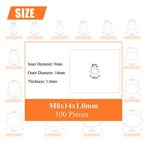 Image of HELIFOUNER 100 Pieces M8x14x1.0mm Automotive Drain Plug Gaskets, Oil Crush Washers, Aluminum Flat Washers, Inner Diameter 8mm, Outer Diameter 14mm, Thickness 1.0mm