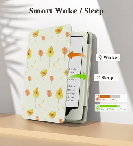 Image of MoKo Case for 7 inch /6.8 inch Kindle Paperwhite(12th /11th Generation-2024 /2021) and Kindle Colorsoft Signature Edition,Slim PU Shell Cover Case with Auto-Wake /Sleep for Kindle Paperwhite 2024,Flowers on White