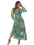 Simplee Women Casual Boho Floral Maxi Dress V Neck Long Sleeve Wedding Guest Dress Flowy Holiday Beach Empire Waist Long Dress (Medium Lake Green)