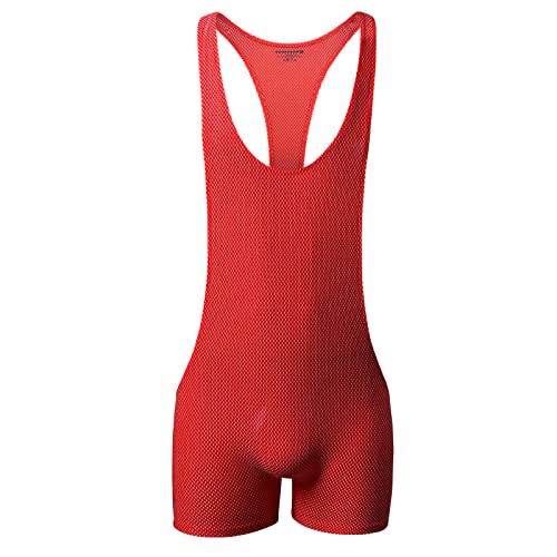 Yufeida Men's Athletic Supporters Mesh Breathable Bodysuit Wrestling Leotard Stretchy Base Layers Boxer Singlet Red #TOP5