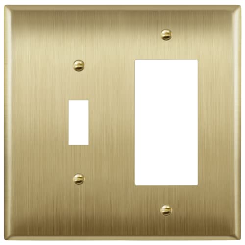 Image of ENERLITES Combination Toggle Switch and Decorator Receptacle Metal Wall Plate, Stainless Steel 201 Outlet Cover, Corrosion-Resistant, Mid-Size 2-Gang 4.88 inch x 4.92 inch, 771131M-BB, Brushed Brass