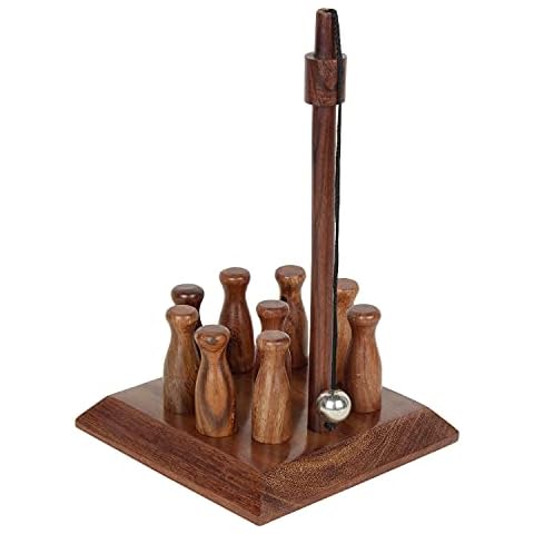 Ajuny Elegantly Handcrafted Indoor Wooden Bar Mini Skittles Bowling Pin Game Set Of 10 Size 2 Inches Cover