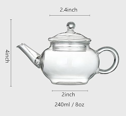 Miniatura 2 de 123Arts Tetera pequeña, tetera de vidrio con infusor, tetera para té suelto con tapa, 8 onzas