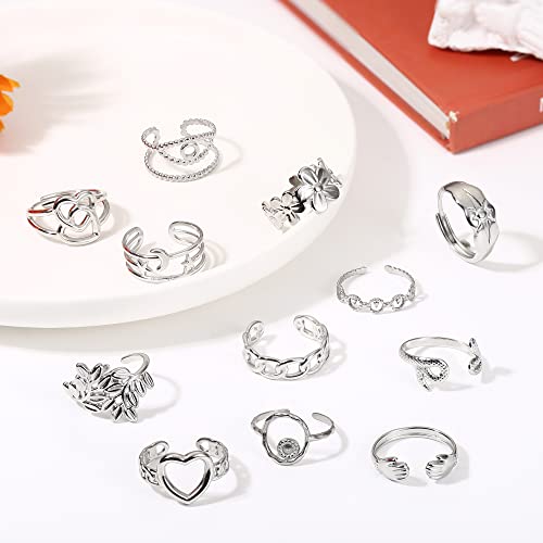 Subiceto 12Pcs Stainless Steel Rings For Women Silver Aesthetic Jewelry Rings Adjustable Open Stackable Rings Trendy Knuckle Thumb Finger Rings Size 6-9 Indie Rings Eyes #TOP7
