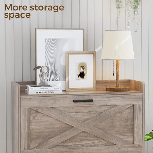 Image of Homleke Farmhouse Shoe Storage Cabinet with Flip Drawers & Barn Door Design | Slim Narrow Shoe Rack Cabinet with Adjustable Shelves & Hidden Storage for Entryway, Foyer, Hallway, Living Room, Greige