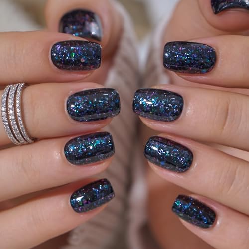 Image of CurvLife Soft Gel Squoval Press-On Nails Short, Reusable Fake Nails with Glue & Adhesive Tabs, 30PCS Salon-Quality Stick-On Nails for At-Home Manicure (Midnight Prism)