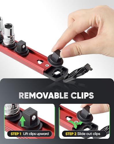 Image of ALOANES Magnetic Socket Organizer Set, 1 /2-Inch Drive Heavy Duty Aluminum Socket Rail Organizer, 360 Swivel Clips Socket Holder Kit for Toolbox Drawer Fit 1 /2-Inch x 12 Clips (Red, 1PC)