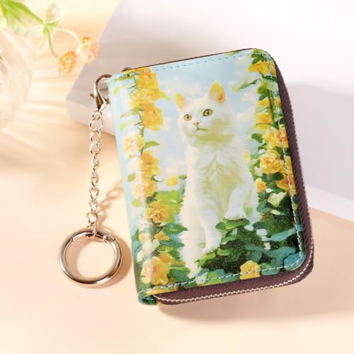 Image of FurArt Zipper Wallet Women, RFID Blocking Credit Card Wallet, Business Card Holder, Compact Size KeyChain Wallet, Roses and Cat, small