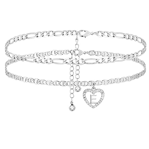 Image of Initial Ankle Bracelets for Women 2pcs 18K Gold Plated Handmade Layered Letter Heart Figaro Chain Flat Mariner Anklets for Women Cute Summer Beach Foot Jewelry
