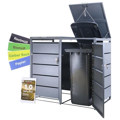 Albatros Mülltonnenbox 2er Tonne | bis 240 Liter | Anthrazitgrau RAL 7016 | verzinkter Stahl | Premium Dämpfer| Aufkleber-Set | wetterfest| verstellbare...