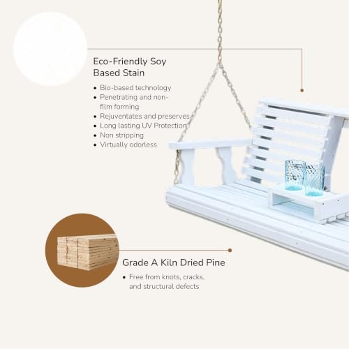 Image of Porchgate Amish Heavy Duty Console Porch Swing with Fold Down Cup Holders in Semi Solid White Stain - Amish Made in The USA from Treated Pine, Hanging Chains Included