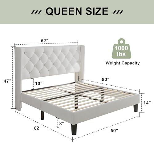Image of Feonase Queen Size Bed Frame with Diamond Tufted Wingback Headboard, Upholstered Platform Bed, Sturdy Wooden Slats Support, Noise-Free, No Box Spring Needed, Easy Assembly, White