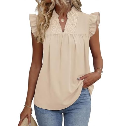 AKEWEI Womens Summer Ruffle Sleeve Lace Embroidered V Neck Work Blouses Pleated Tank Top Apricot Large