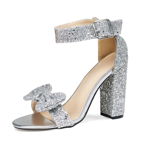 GATUXUS Women's Chunky High Heels Sandals Glitter Bow Open Toe Ankle Strap Block Heel Dress Shoes